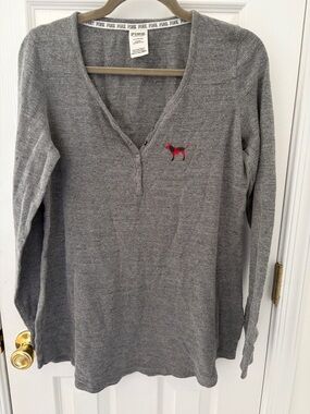 PINK Victoria's Secret Gray Long Sleeve V-Neck Henley with Red Dog Logo